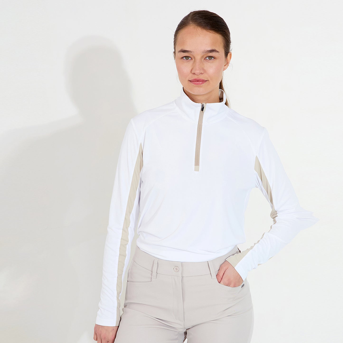 Abacus Ladies Zip-Neck Top with Colour Block Detailing - Cool Comfort, Confident Coverage