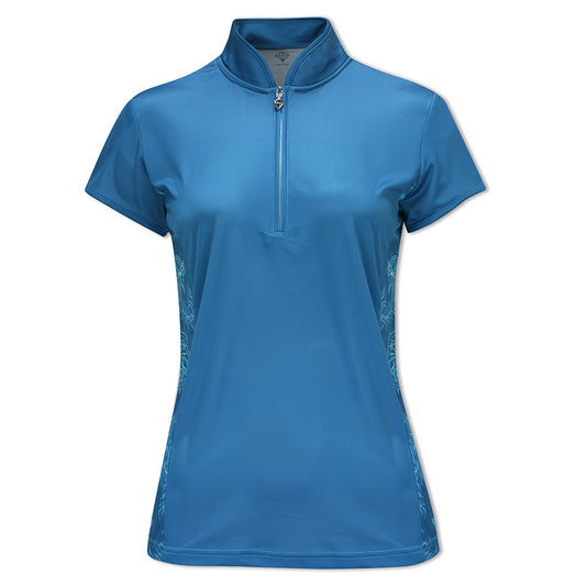 Pure Golf Ladies Rich Blue & Feather Print Cap Sleeve Polo Shirt