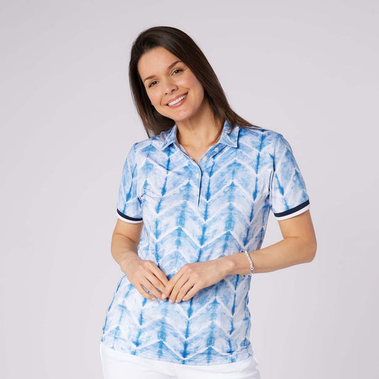 Swing Out Sister Ladies Ultra-Soft Short Sleeve Polo with Head Turning Print for All Day Style & Comfort