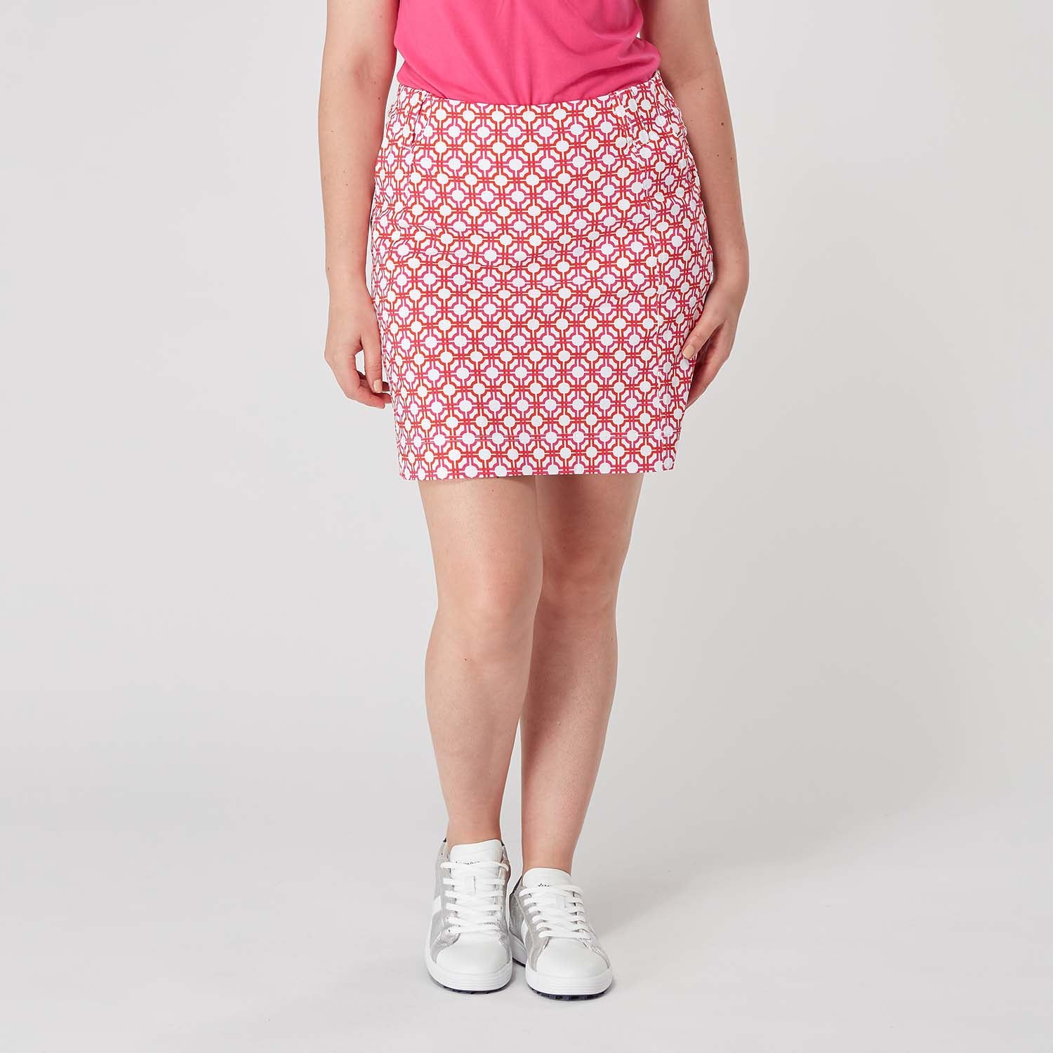 Swing Out Sister Women's Pull-On Skort in Lush Pink and Mandarin Mosaic Pattern 