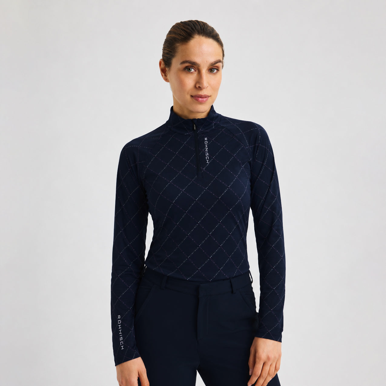 Röhnisch Ladies Elegant Navy Zip Neck Stretch Top for Effortless Movement with Every Swing