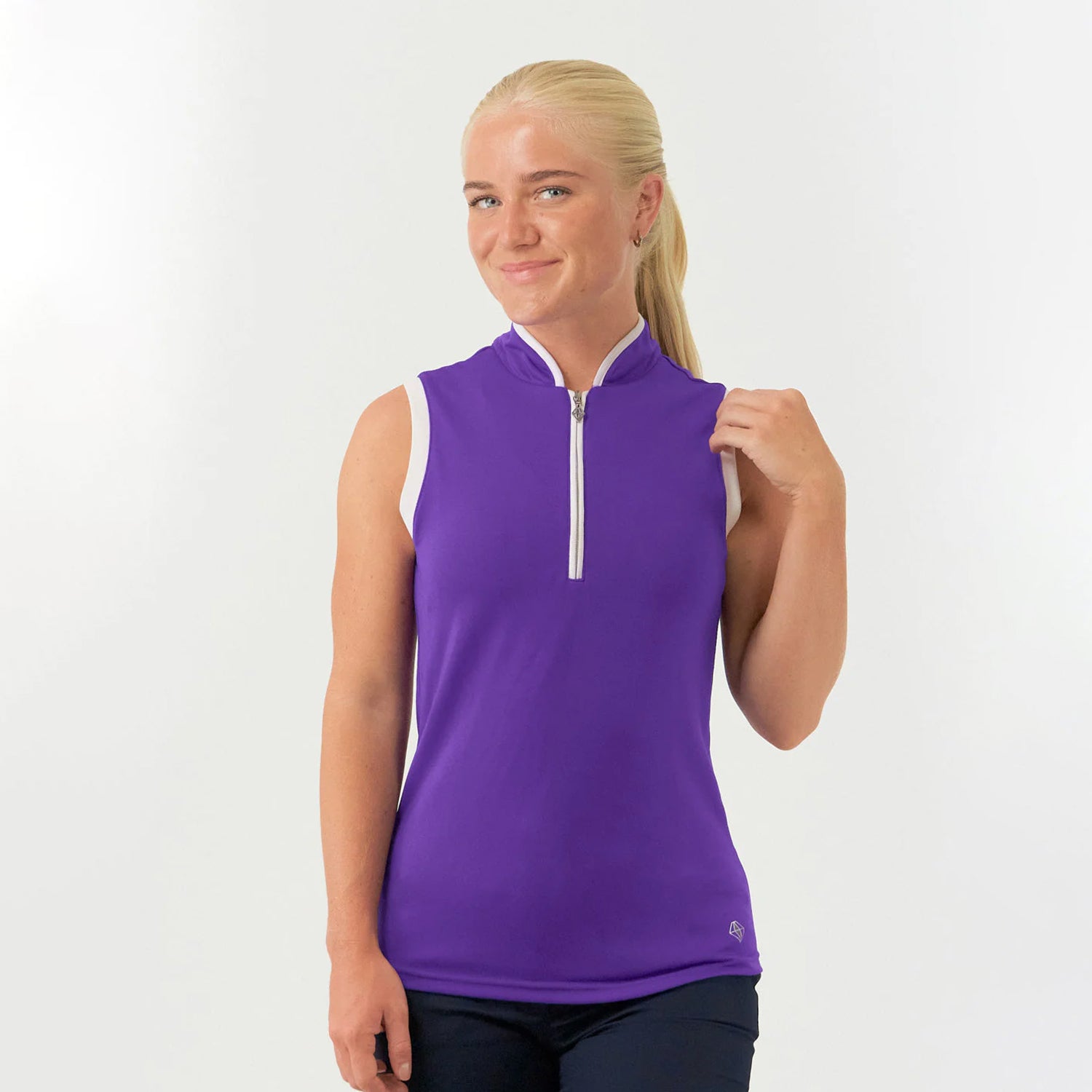 Pure Golf Ladies Sleeveless Mandarin Polo Shirt in Purple