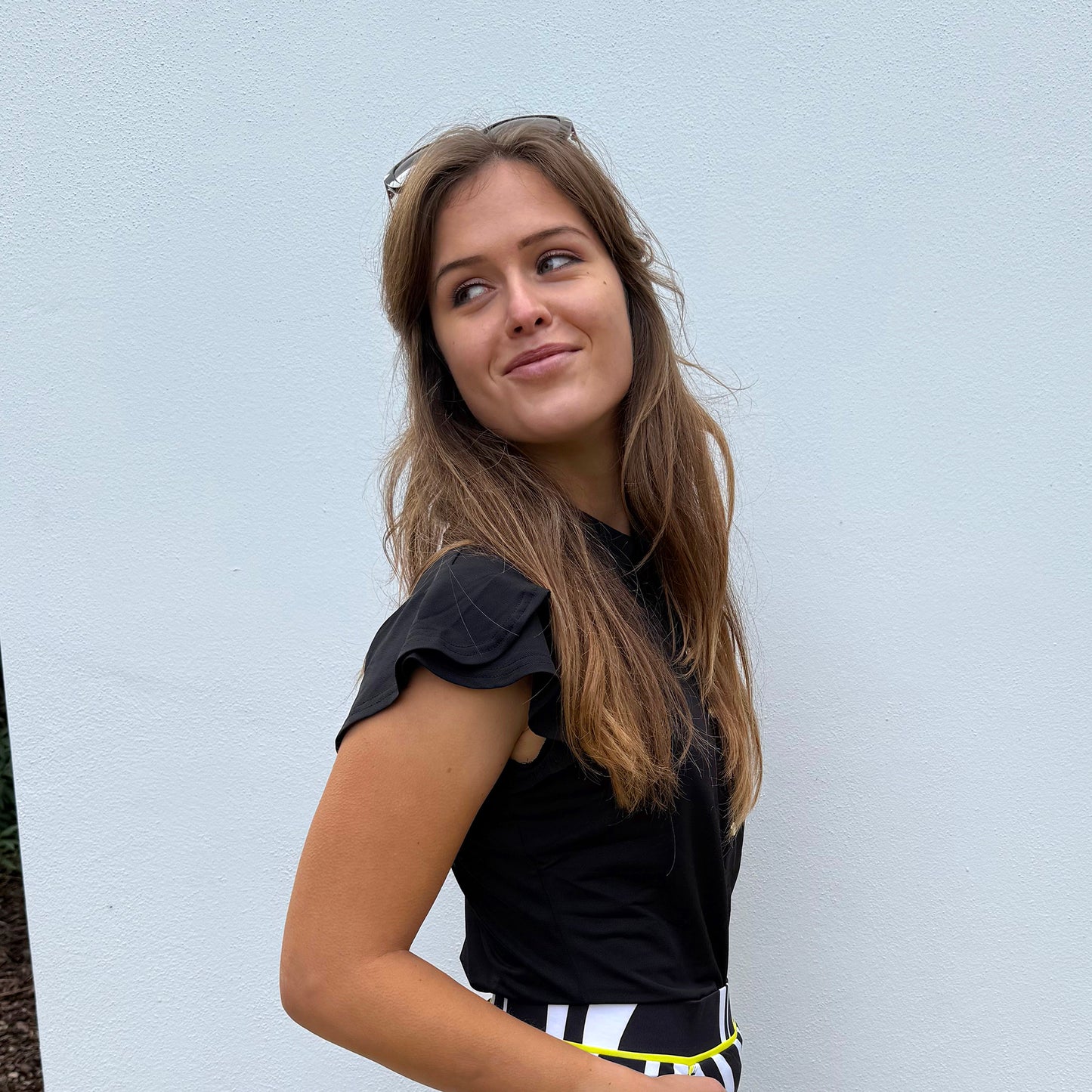 Swing Out Sister Ladies Fluted Cap Sleeve Polo in Black