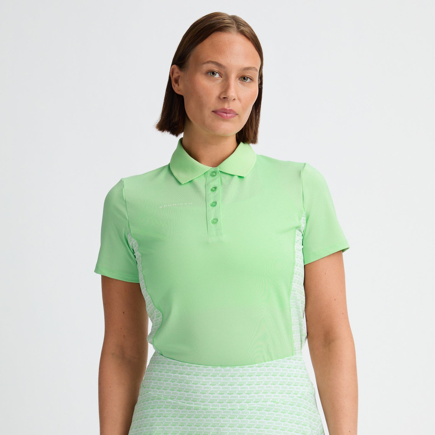 Rohnisch Women's Short Sleeve Polo with Monogram Print Textured Panels