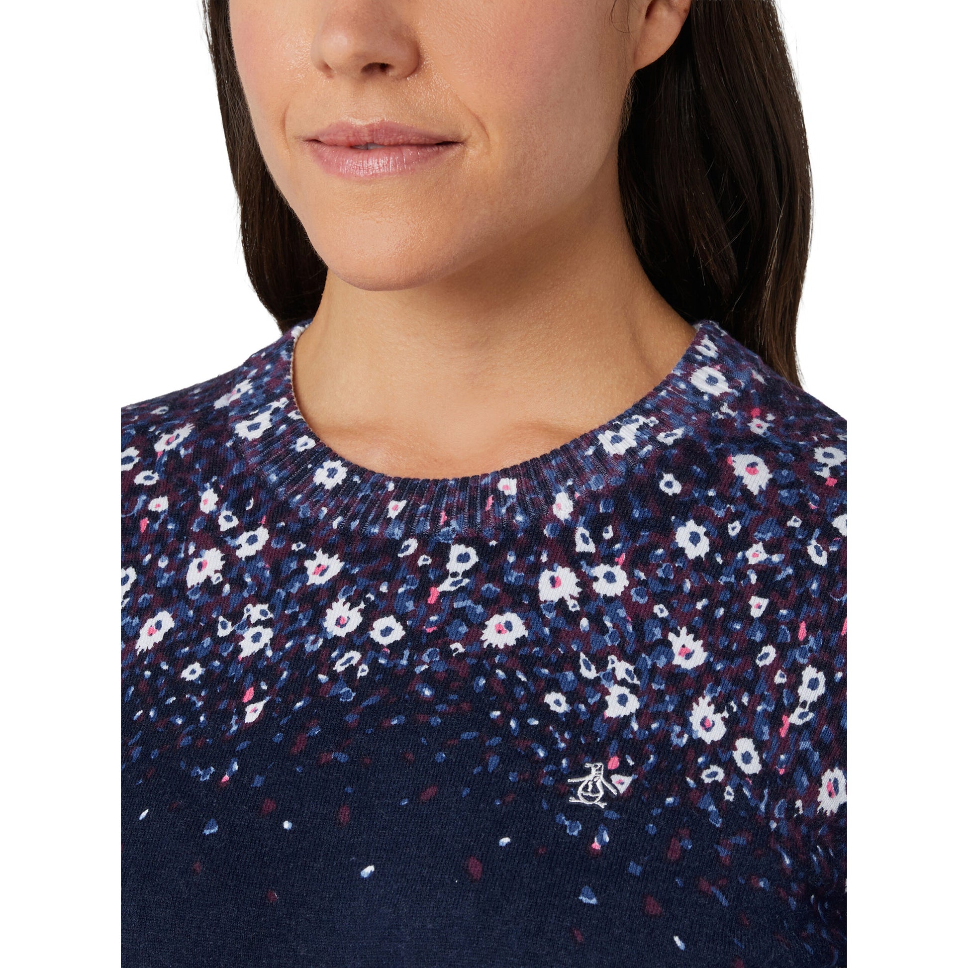 Original Penguin Womens Soft Cotton Blend Sweater with Floral Design in Navy 