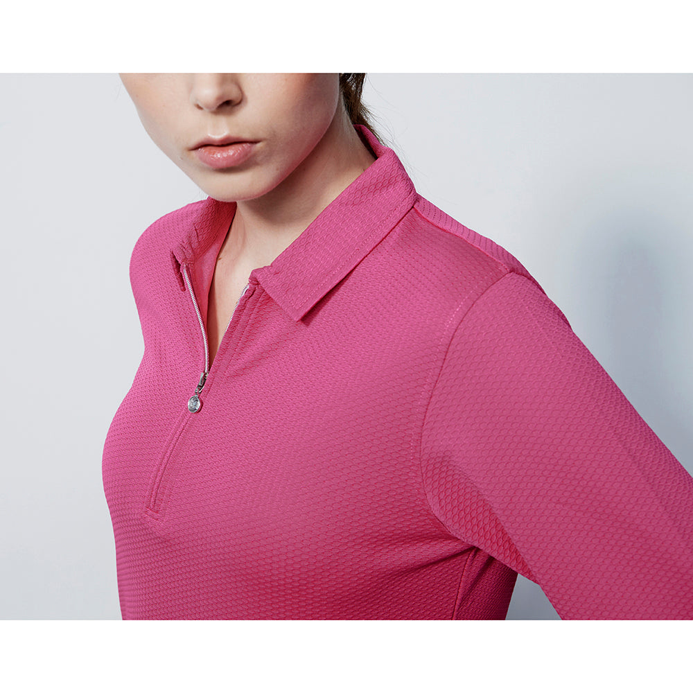 Daily Sports Honeycomb Structured Long Sleeve Polo Shirt In Tulip Pink
