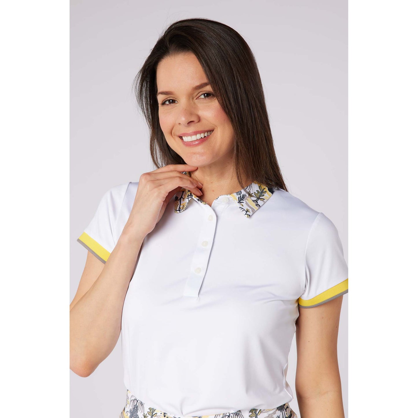 Swing Out Sister Ladies Cap Sleeve Polo with Seasonal Print Collar for A Subtle Pop of Style