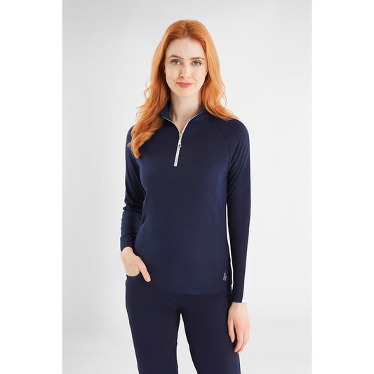 Green Lamb Ladies 1/4 Zip Neck Top with Contrast Stripes in Navy/White