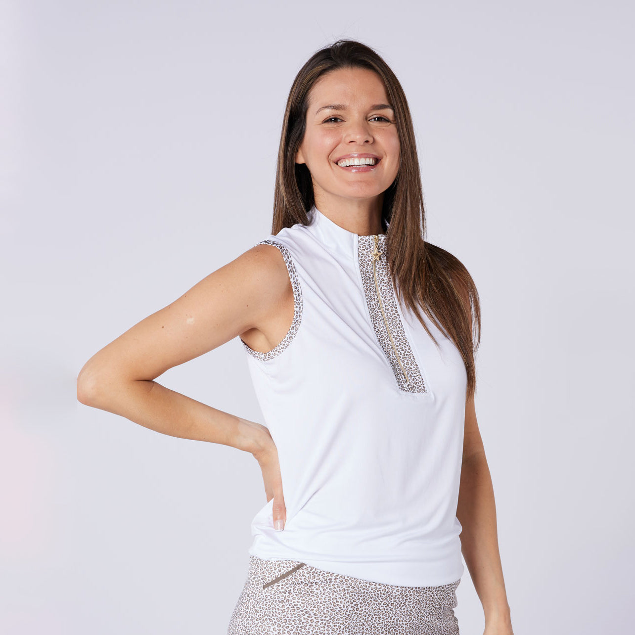 Swing Out Sister Ladies Zip-Neck Sleeveless Polo with Leopard Print Trim