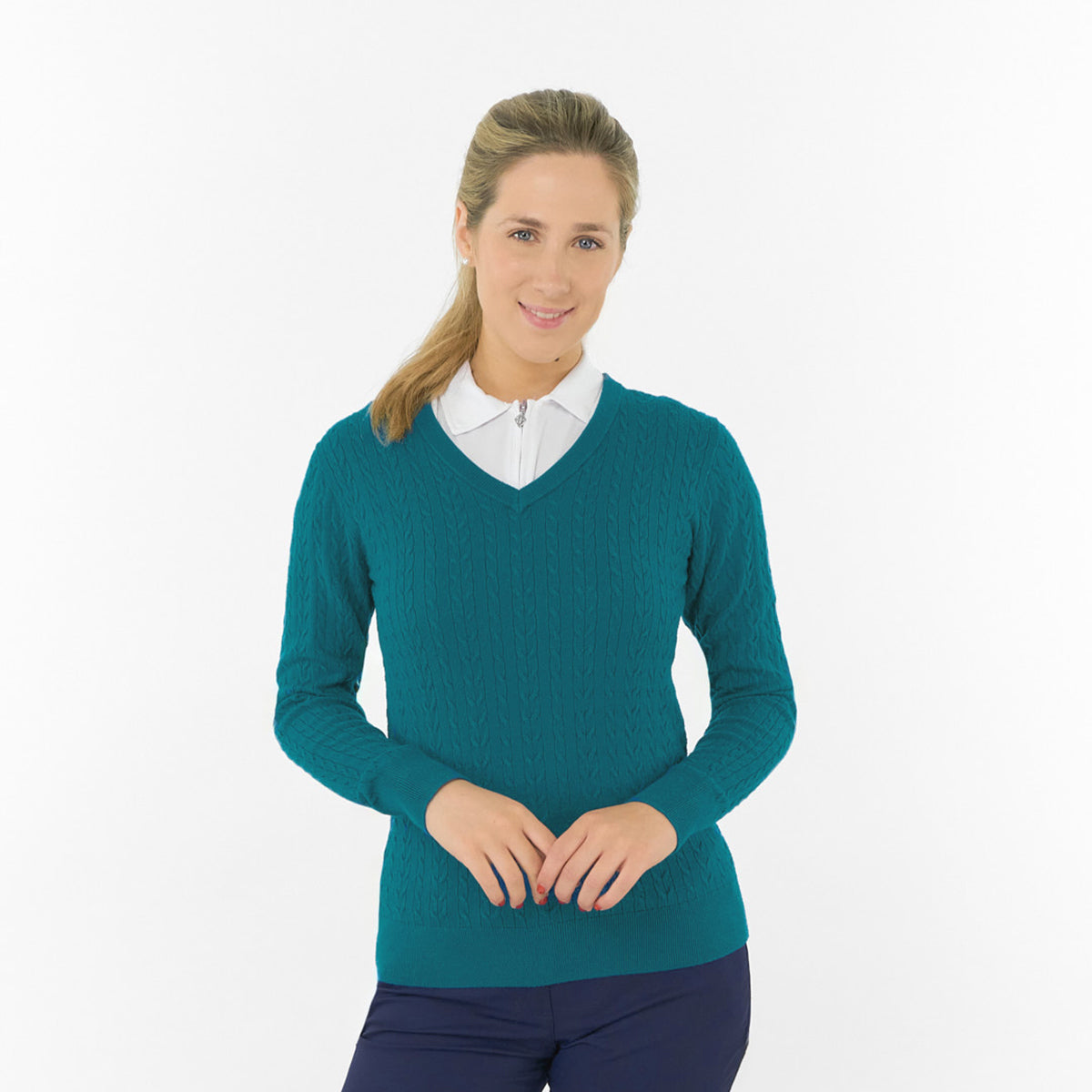 Pure Ladies Cable Knit V-Neck Golf Sweater – Classic Elegance for Confident Play