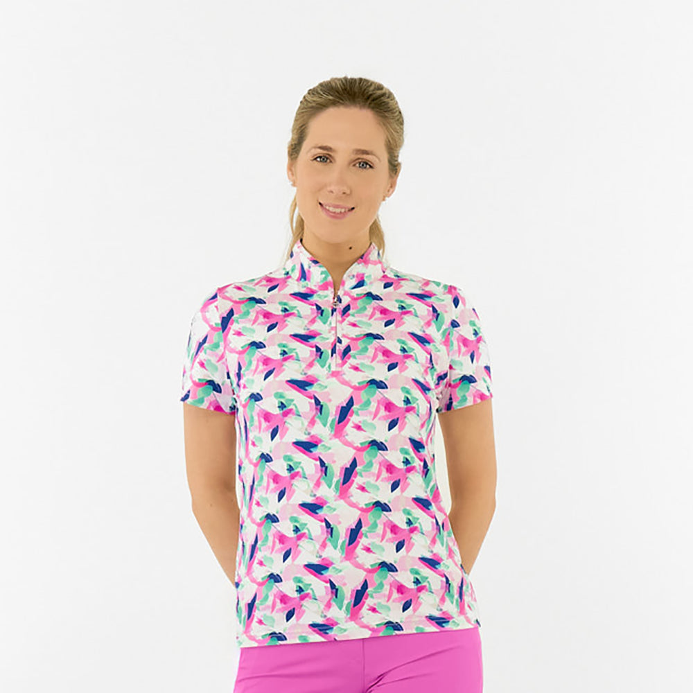 Pure Ladies Short Sleeve Polo in Abstract Tropical Nature Print