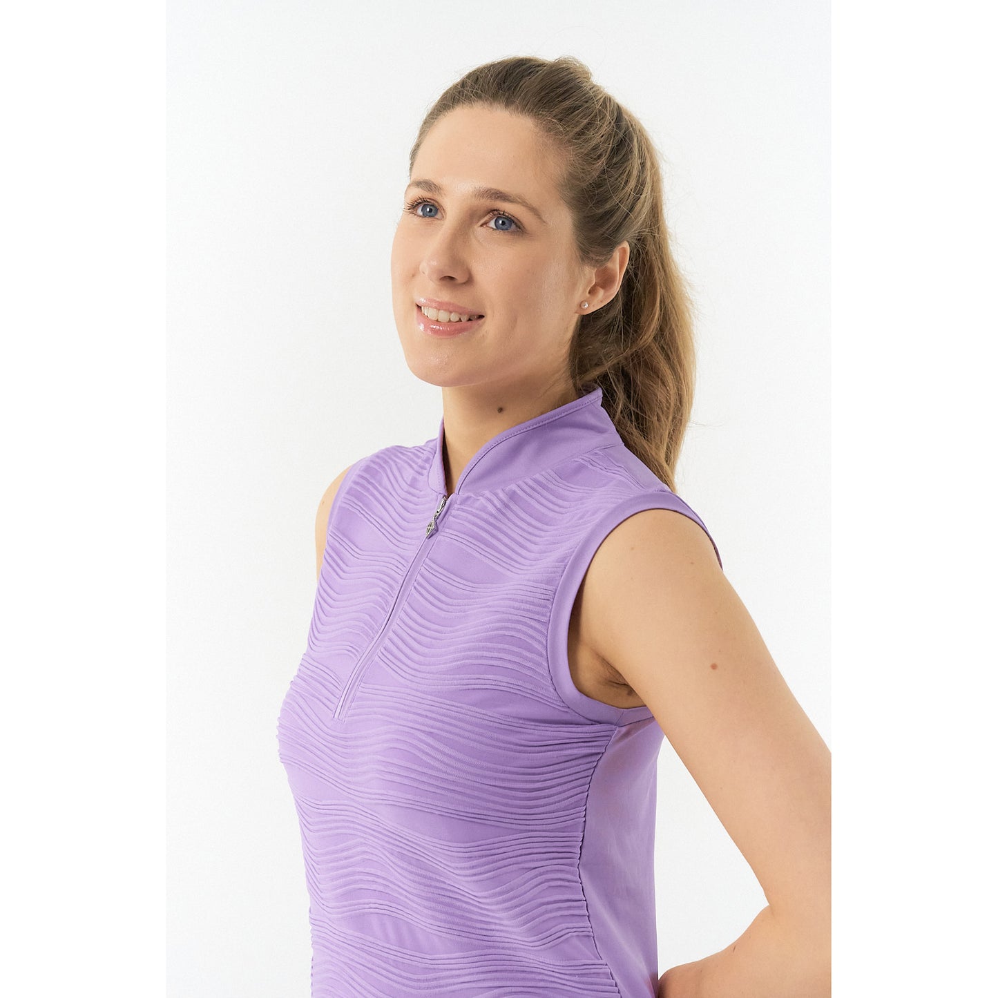 Pure Ladies Textured Wave Print Sleeveless Polo Shirt in Lilac