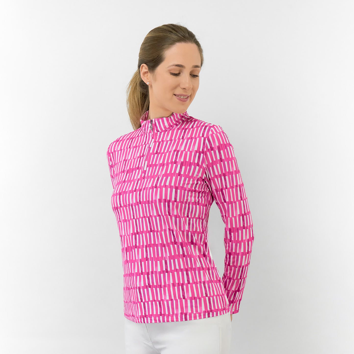 Pure Ladies Long Sleeve Top in Geometric Stripe Lattice for Effortless Style & All-Day Comfort