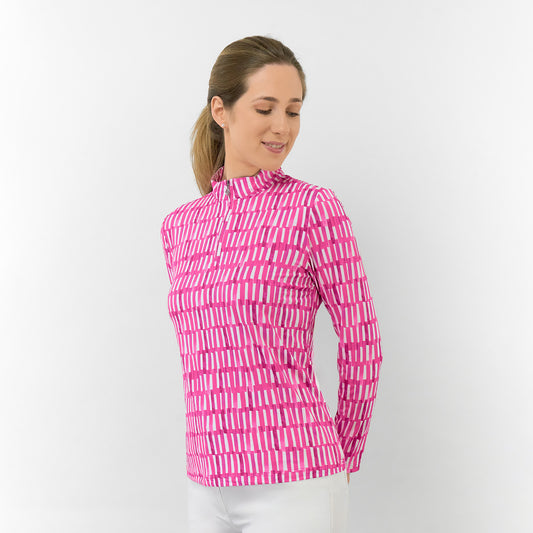 Pure Ladies Long Sleeve Top in Geometric Stripe Lattice for Effortless Style & All-Day Comfort