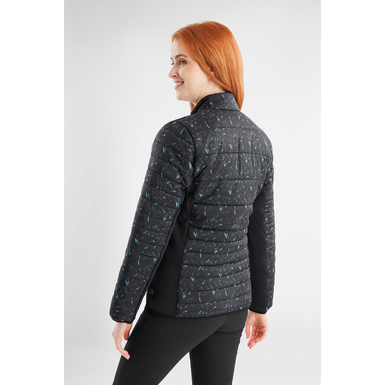 Green Lamb Ladies Quilted Jacket with Stretch Panels in Black Leaf Print