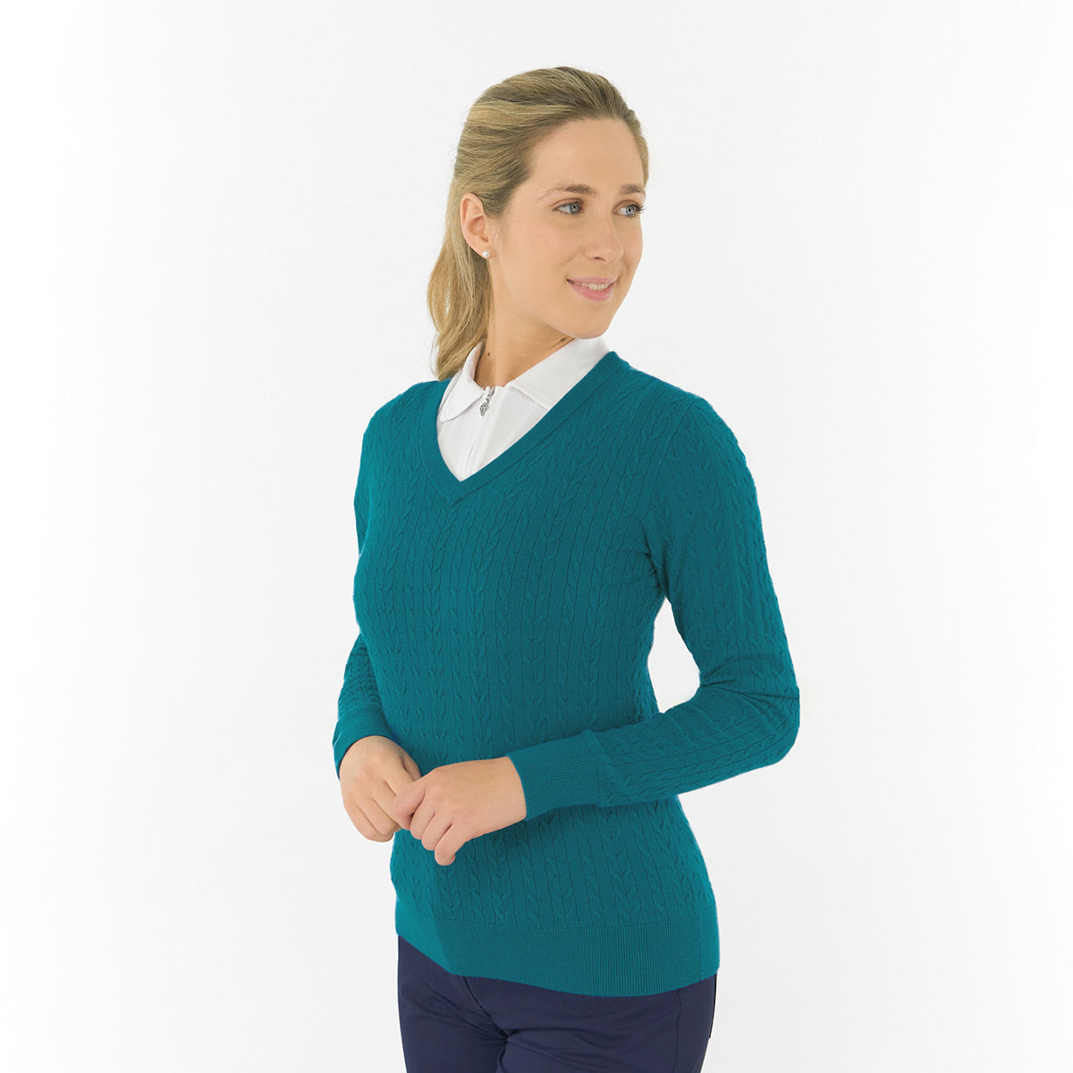 Pure Ladies Cable Knit V-Neck Golf Sweater – Classic Elegance for Confident Play