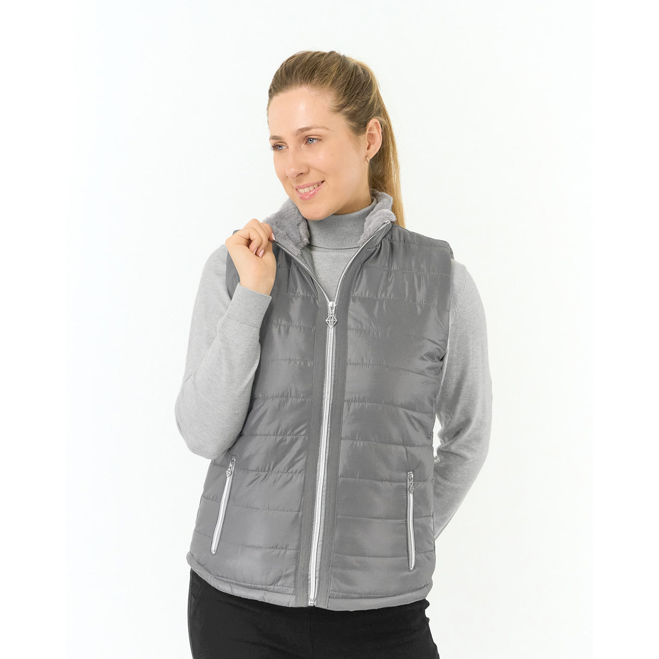 Pure Golf Ladies Gilet in Charcoal Grey with Faux Fur Collar