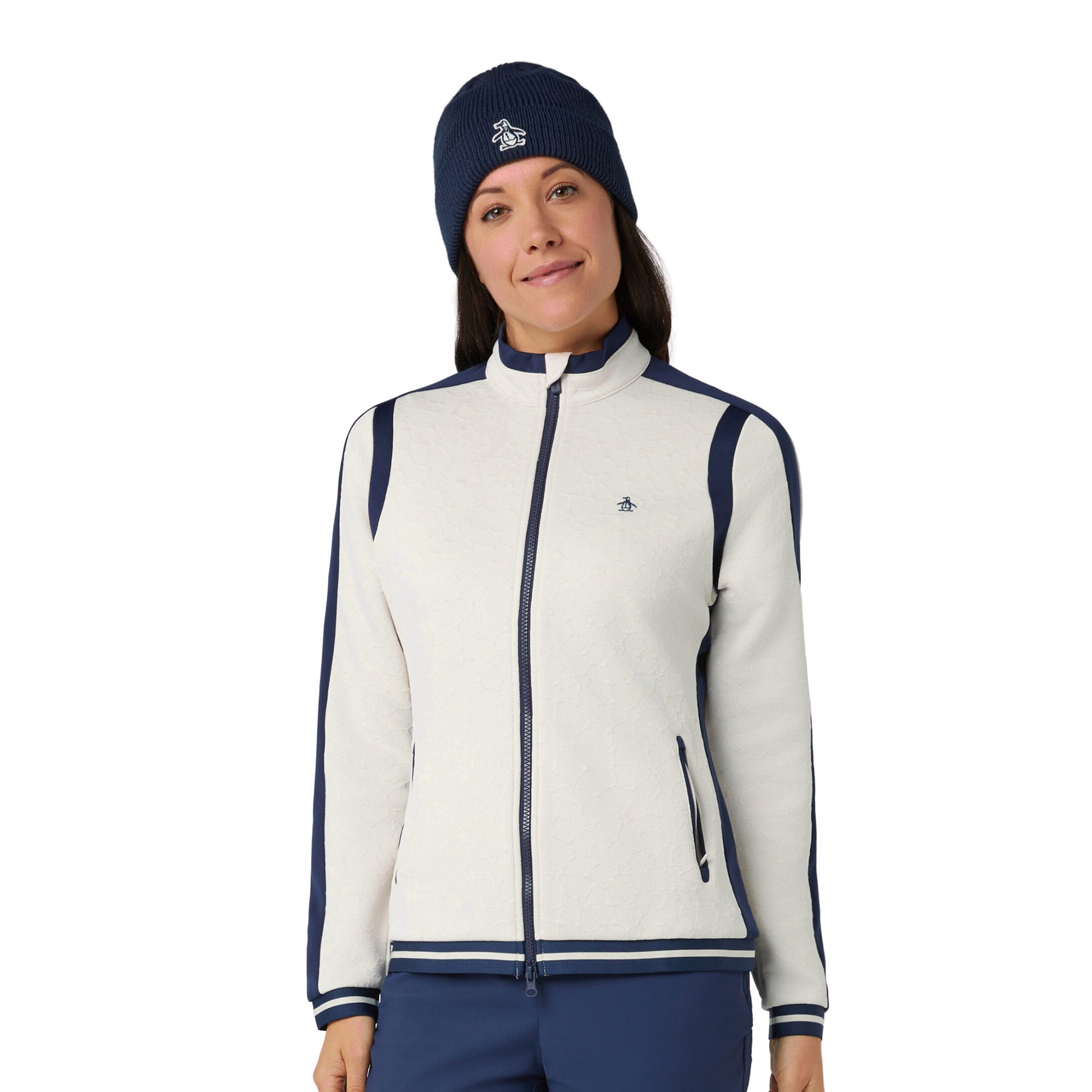 Original Penguin Ladies Floral Embossed Jersey Jacket with Navy Contour Panels