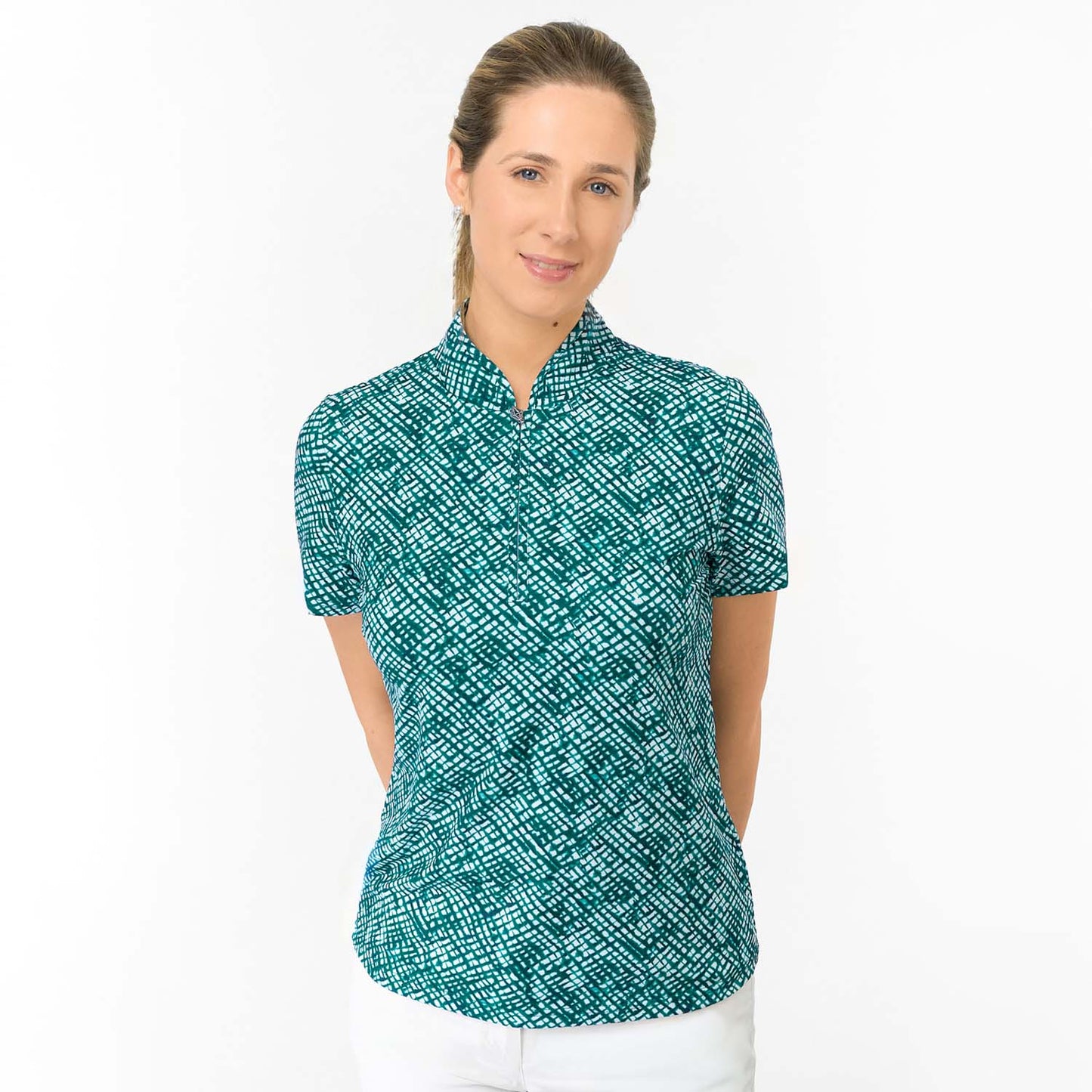 Pure Golf Ladies Sleeveless Polo with Abstract Crosshatch Print for Modern Course Style