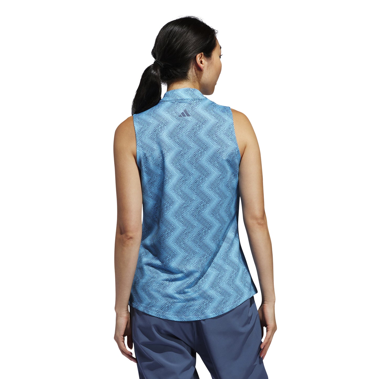 adidas Ladies Sleeveless Golf Polo with Abstract Zig-Zag Print in Semi Blue Burst