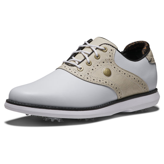 FootJoy Ladies Traditions Wide Fit Waterproof Golf Shoe in White & Tan with SoftSpikes