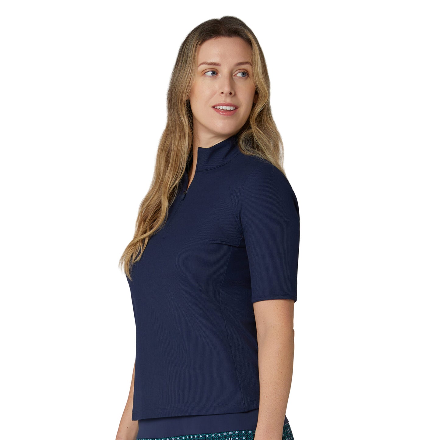 Callaway Ladies Short Sleeve Polo with Modern Zip-Neck and Flattering Ribbed Design in Navy