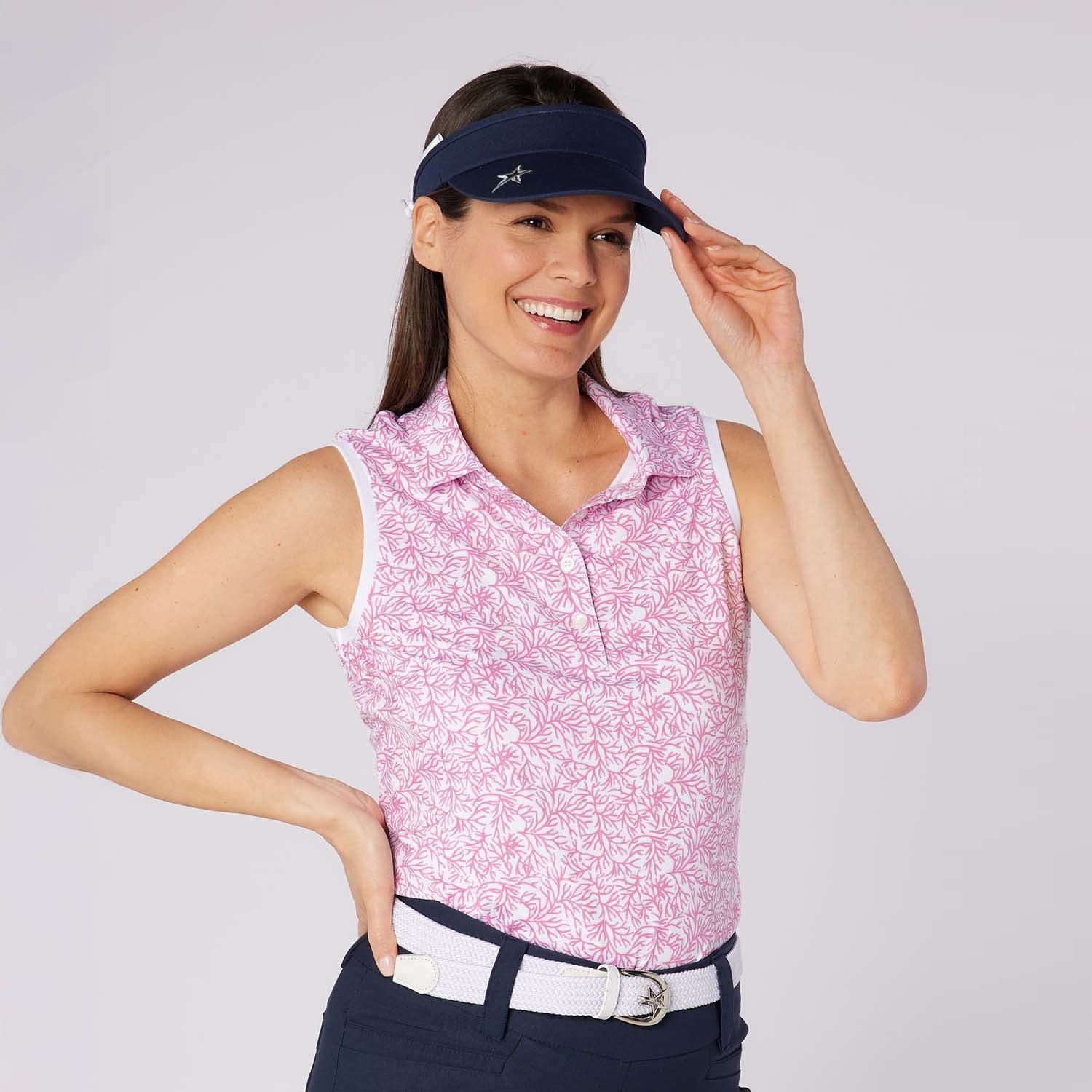 Swing Out Sister Ladies Ultra-Soft Sleeveless Polo with Head Turning Print & Stylish Contrast Trim