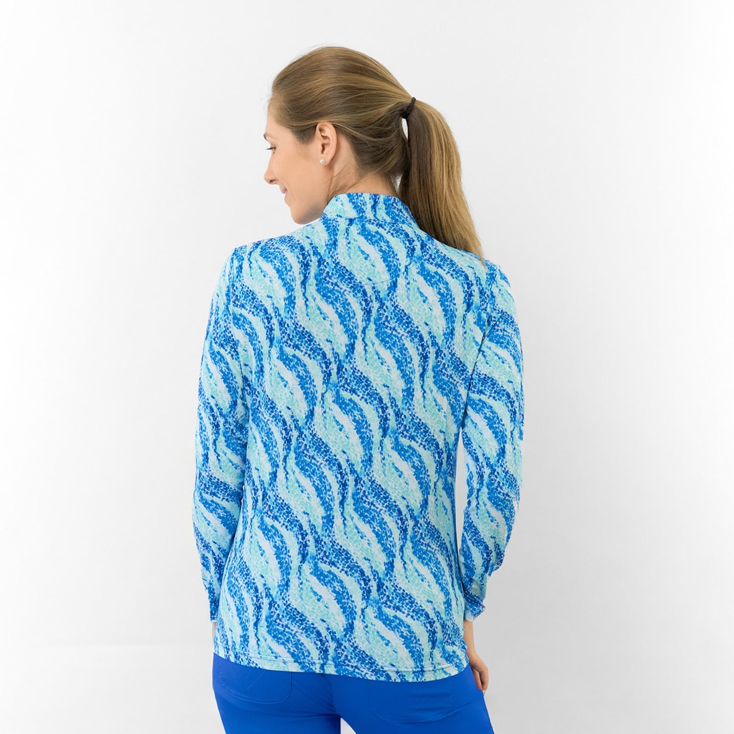 Pure Ladies Long Sleeve Top in Flowing Wave Print for Playful Style & All-Day Comfort