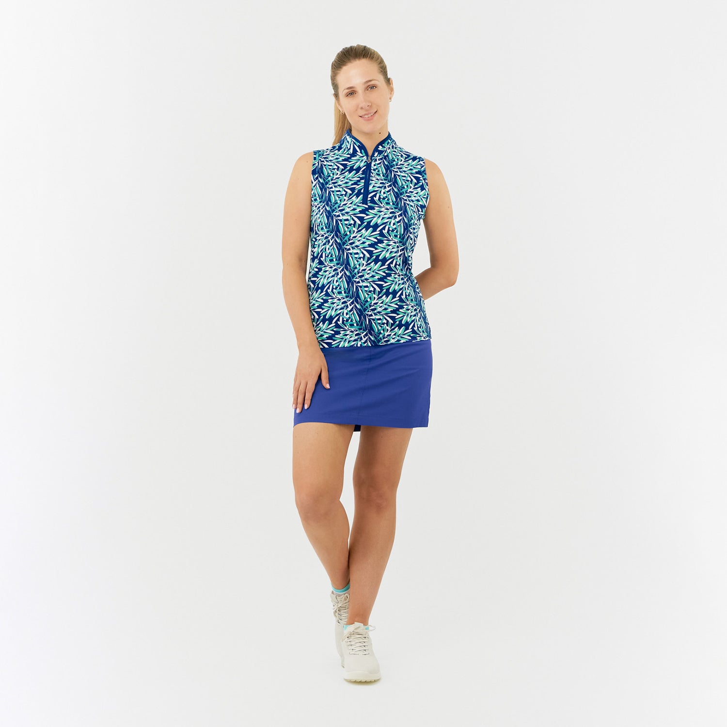 Pure Golf Ladies Sleeveless Polo in Palm Print Design 