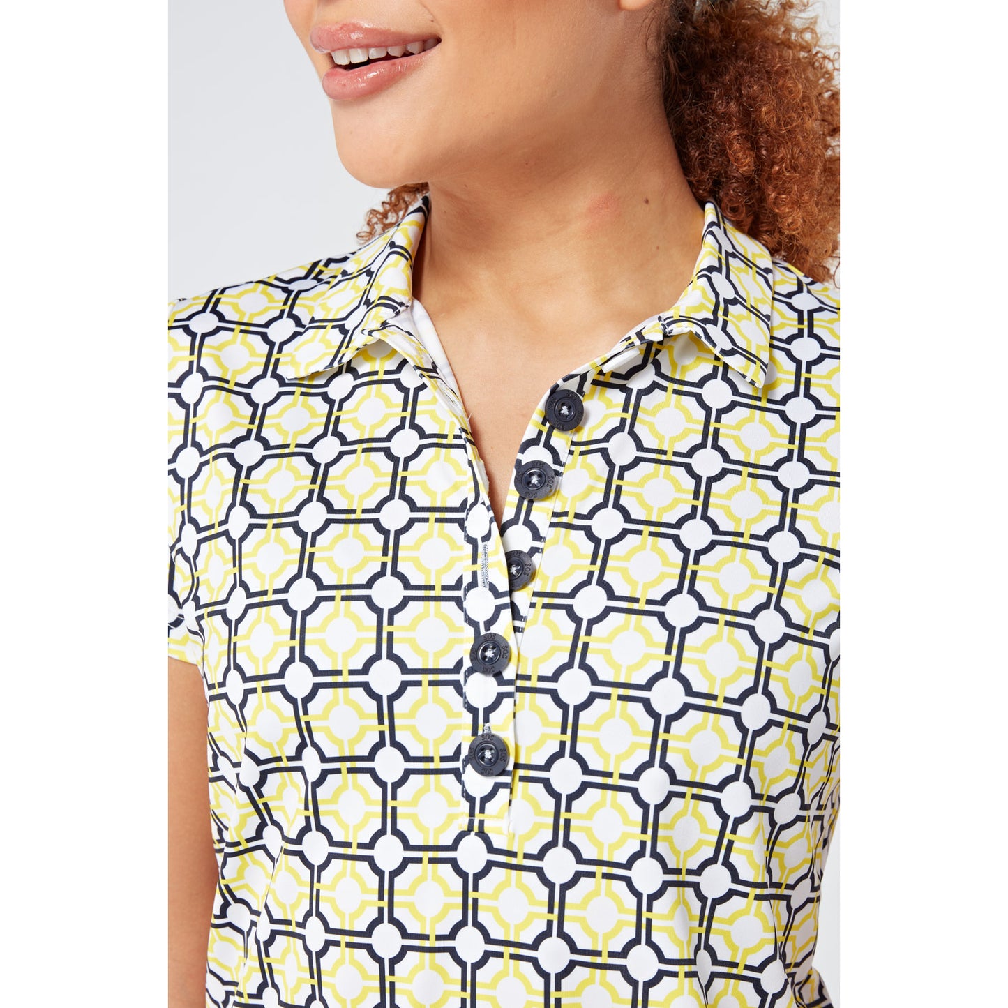 Swing Out Sister Ladies Cap Sleeve Polo in Sunshine and Navy Mosaic Pattern	