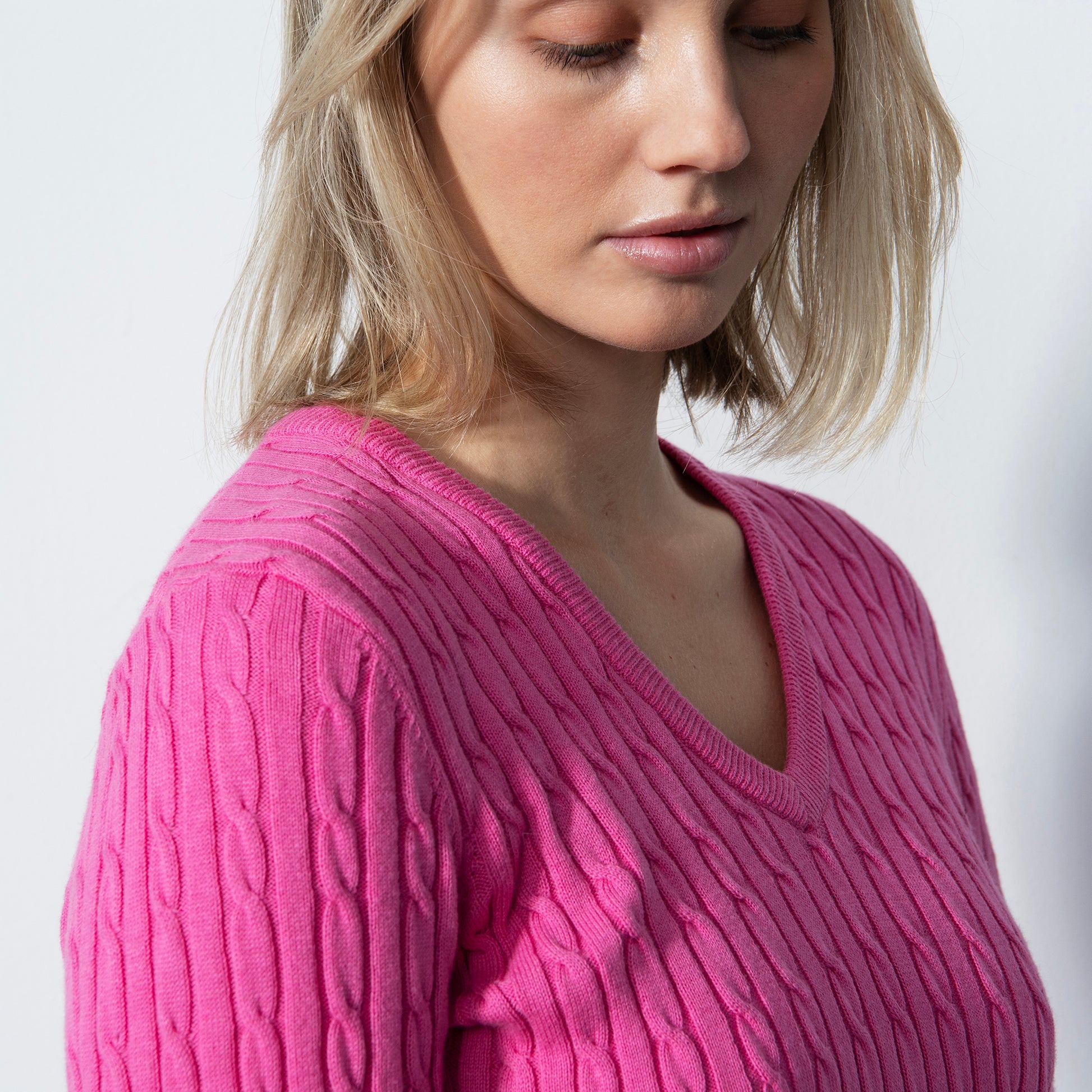 Daily Sports Ladies Cotton & Cashmere Cable Knit Sweater in Pink Sky