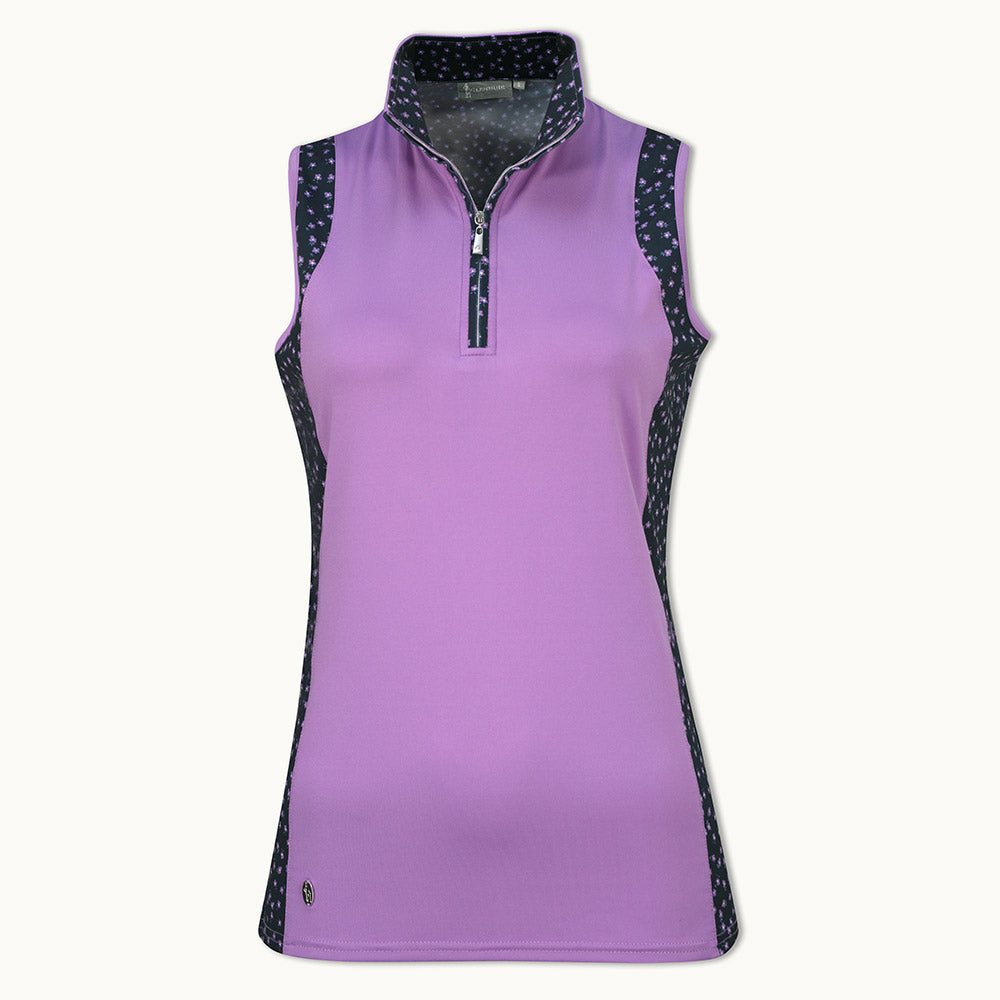 Glenmuir Ladies Sleeveless Polo with Contrast Print Panels in Amethyst/Navy/White Floral