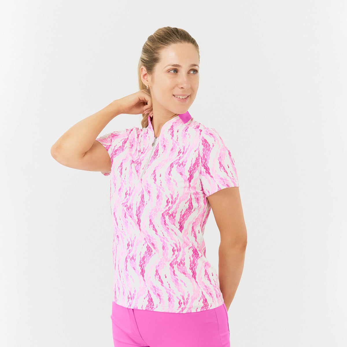 Pure Ladies Short Sleeve Polo with Sweetheart Collar in Petal Print