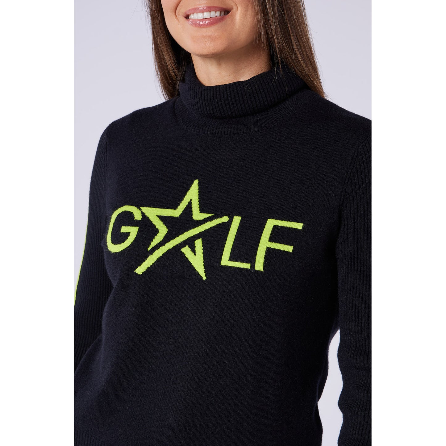Swing Out Sister Womens 'Golf' Roll Neck with Ribbing in Black & Lime