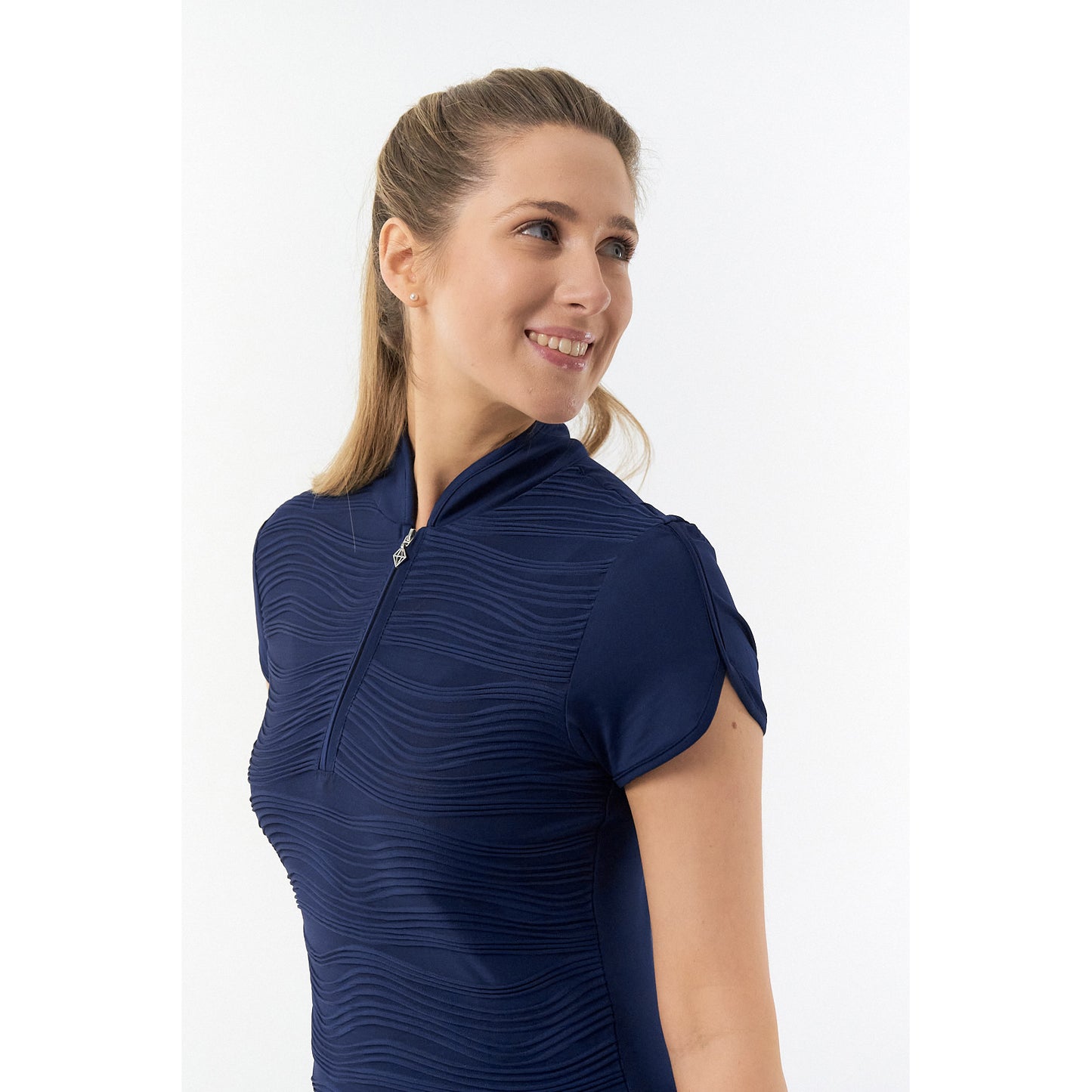 Pure Ladies Textured Wave Print Cap Polo Shirt in Navy