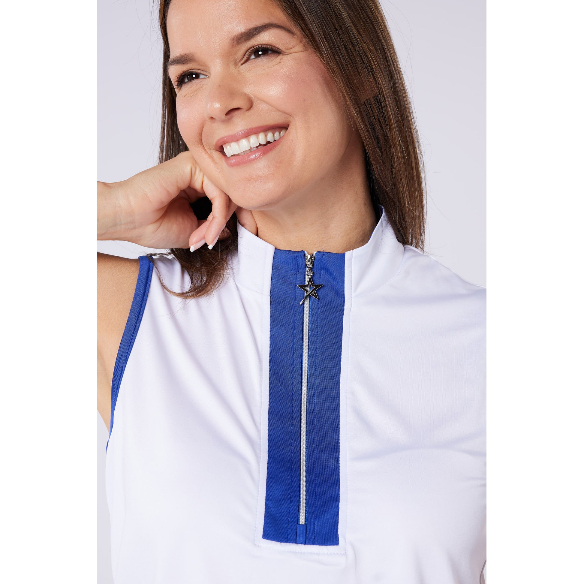 Swing Out Sister Ladies Zip-Neck Sleeveless Polo with Contrast Trim