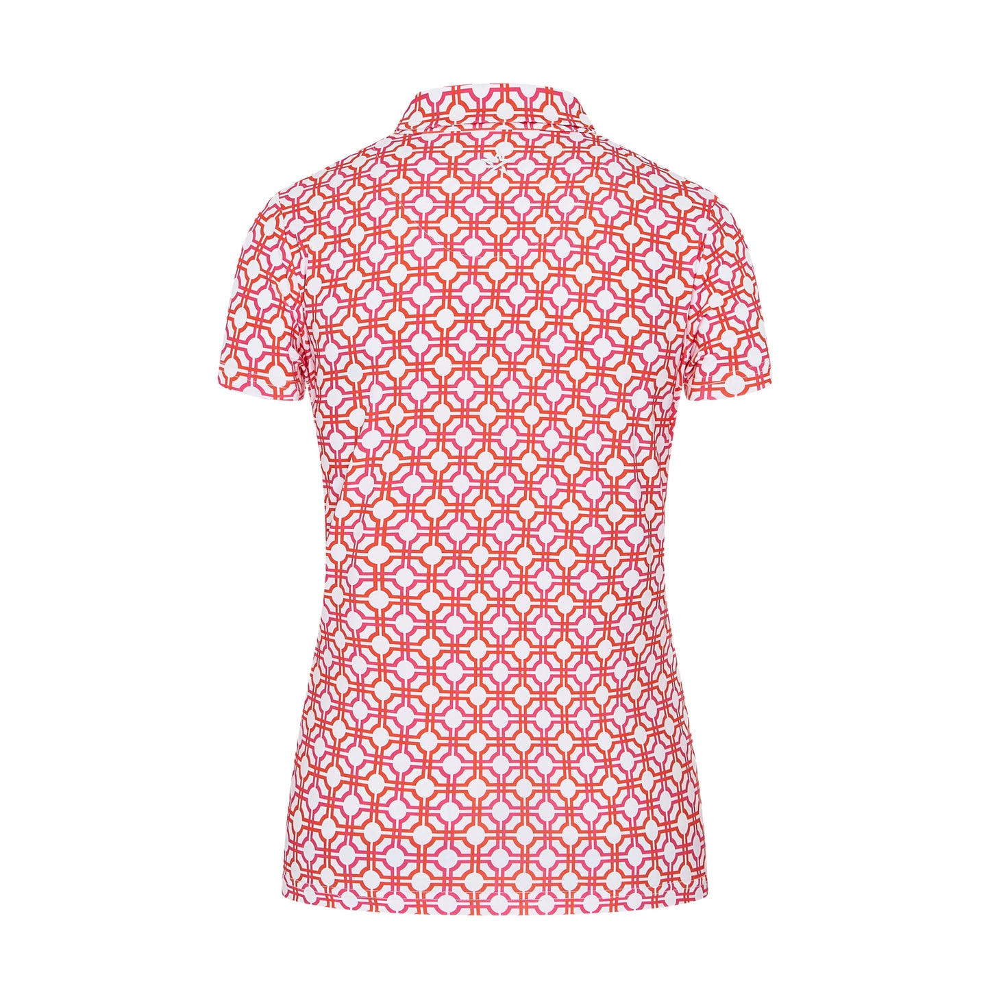 Swing Out Sister Ladies Cap Sleeve Polo in Lush Pink and Mandarin Mosaic Pattern