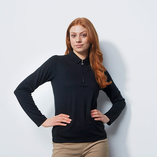 Daily Sports Honeycomb Structured Long Sleeve Polo Shirt In Black