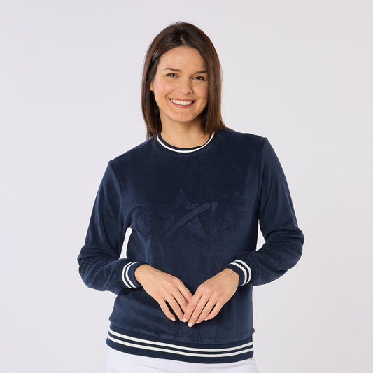Swing Out Sister Ladies Fun Towelling Logo Sweater For Effortless Everyday Style in Navy