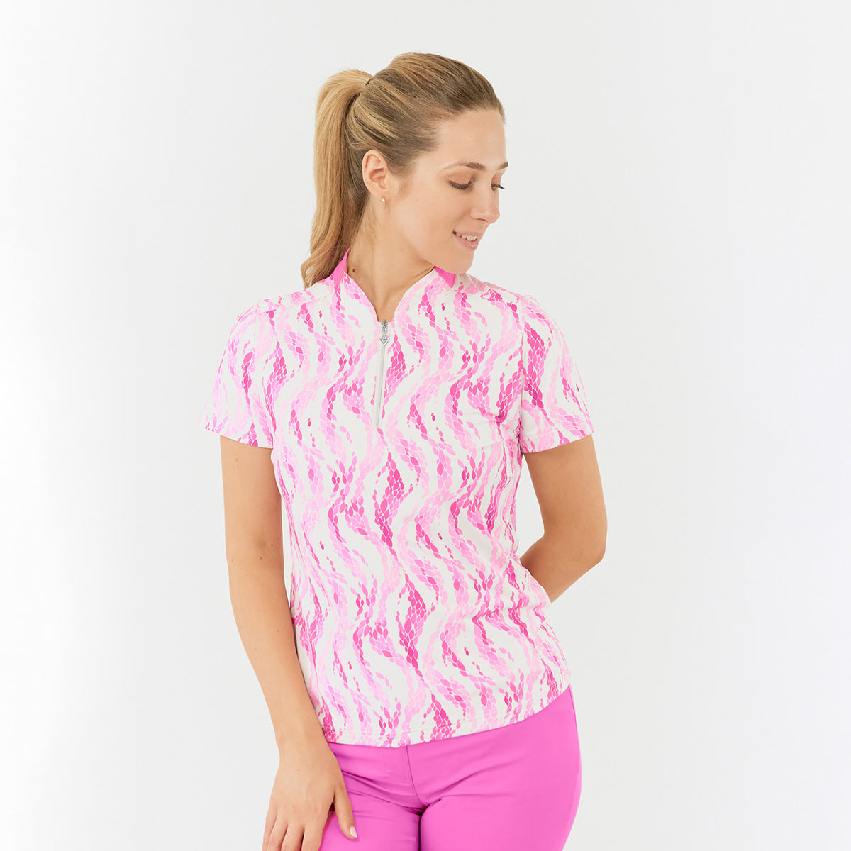 Pure Ladies Short Sleeve Polo with Sweetheart Collar in Petal Print