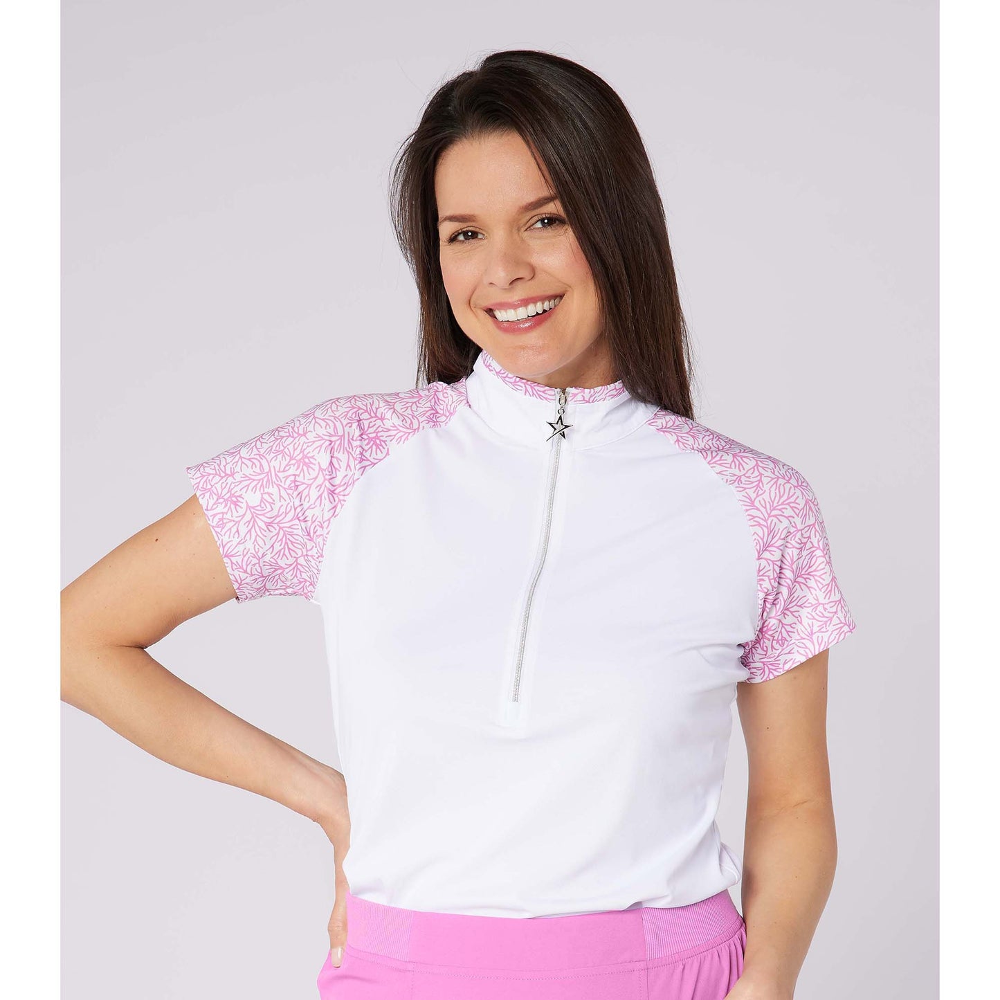 Swing Out Sister Ladies Short Sleeve Pique Polo with Contrast Sleeves for a Subtle Pop Of Print