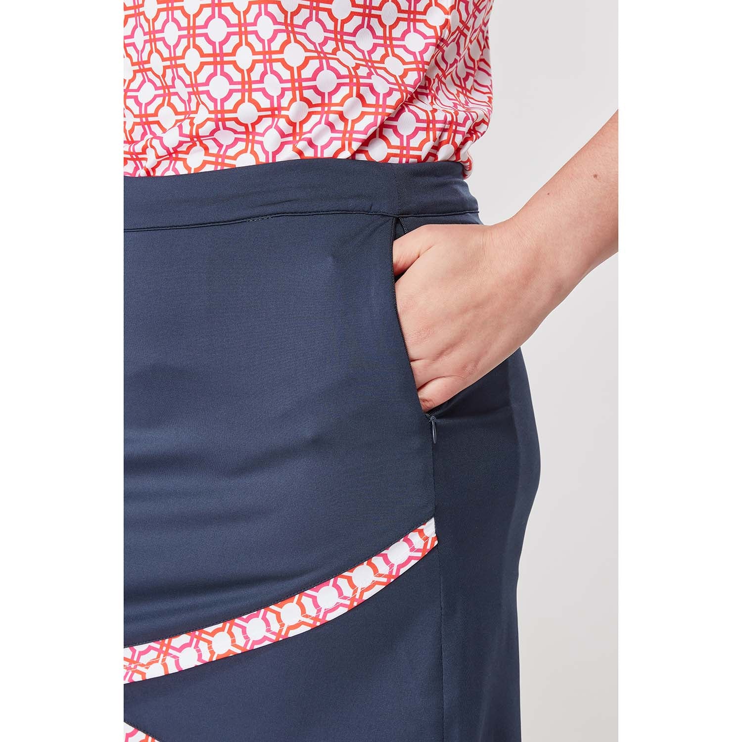 Swing Out Sister Ladies Navy Pull-On Scalloped Skort with Lush Pink and Mandarin Print Trim