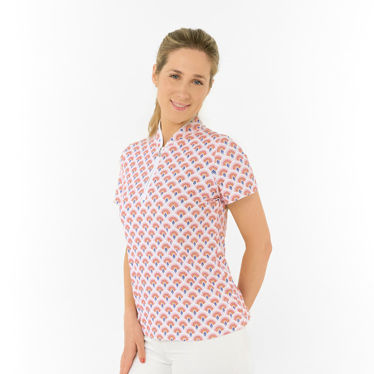 Pure Ladies Short Sleeve Polo in Rainbow Geo Print