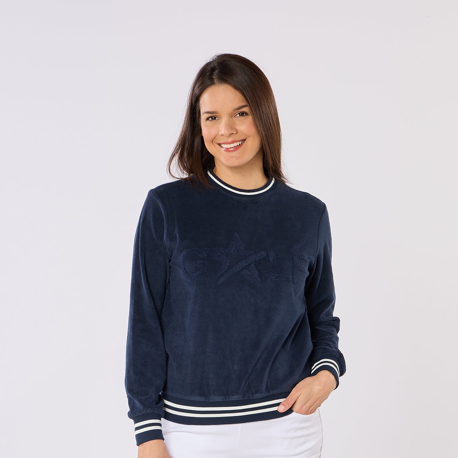 Swing Out Sister Ladies Fun Towelling Logo Sweater For Effortless Everyday Style in Navy