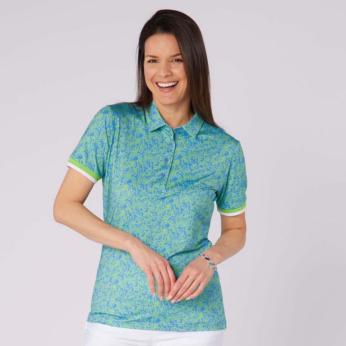 Swing Out Sister Ladies Ultra-Soft Short Sleeve Polo with Head Turning Print for All Day Style & Comfort