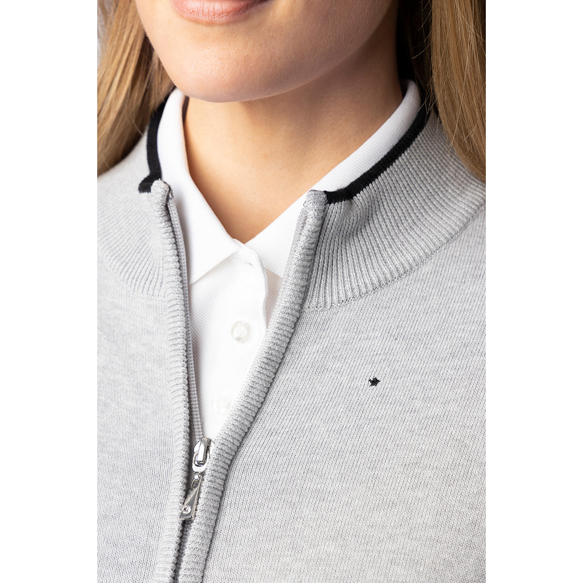 Glenmuir Ladies Full Zip Sweater with Embroidered Star Detail in Light Grey Marl/Black