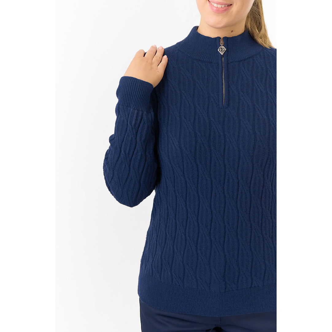 Pure Golf Ladies Quarter Zip Cable Knit Lined Sweater in Navy