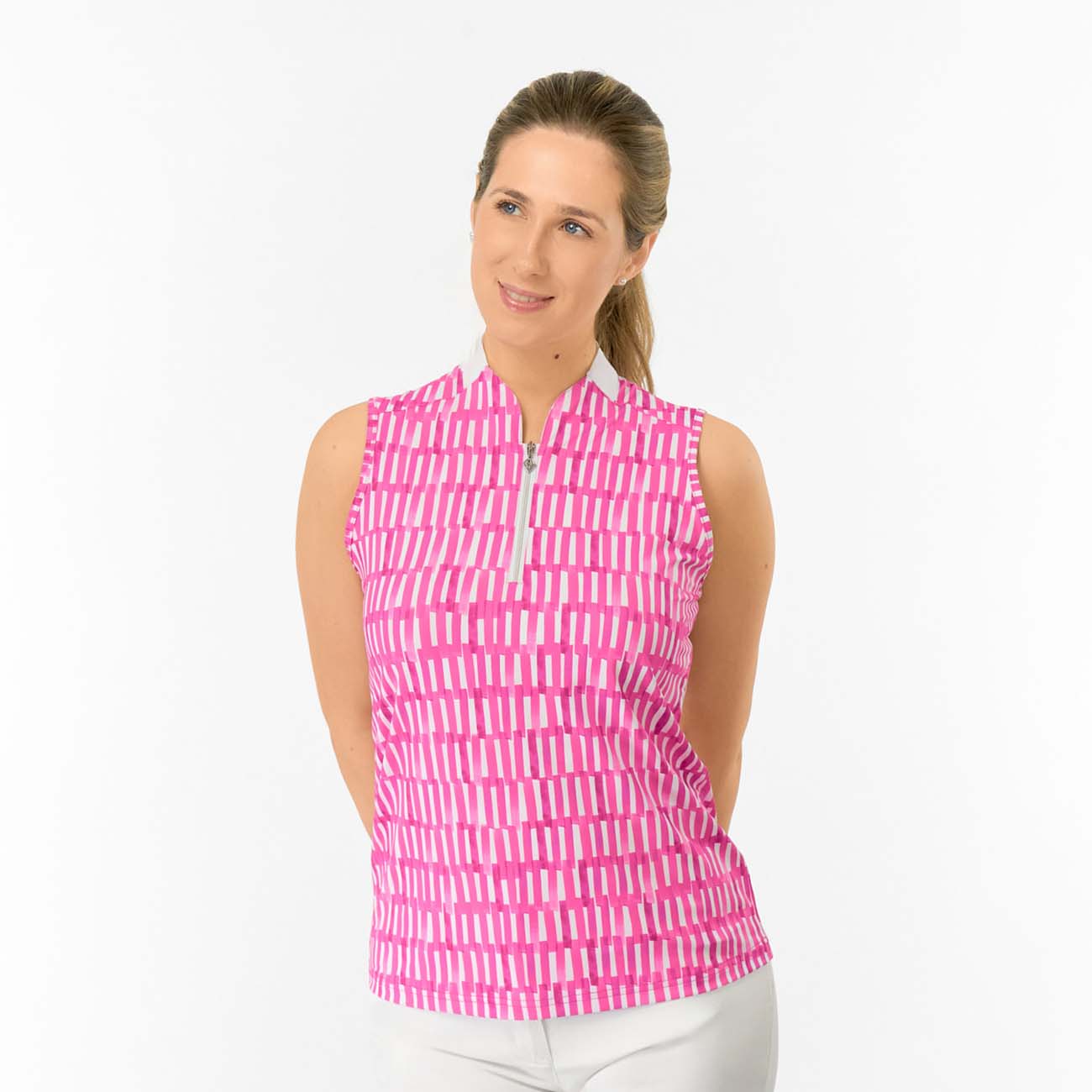 Pure Golf Ladies Sleeveless Polo with Geometric Lattice Print for Fresh Fairway Style