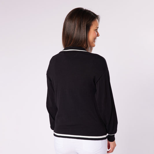 Swing Out Sister Ladies Full Zip Cotton Blend Cardigan with Drawstring Waist in Black & White