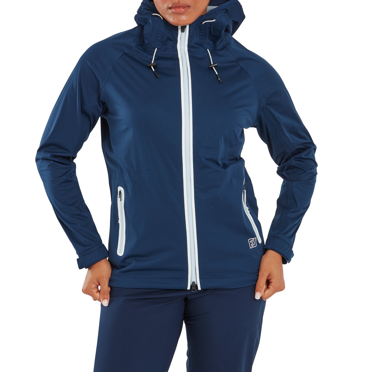 FootJoy Ladies Waterproof Jacket with adjustable Hood in Navy & White